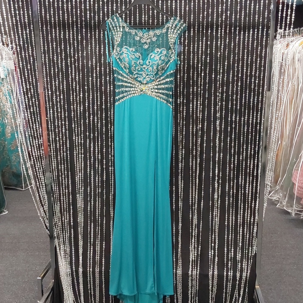 Splash Metallic Jersey Grad Prom Dress J480 Turquiose - Picture 5 of 6